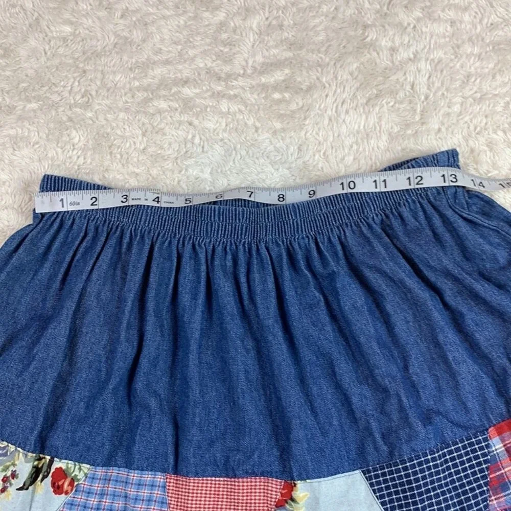 Vintage Koret Petites‎ tiered denim and calico maxi skirt med